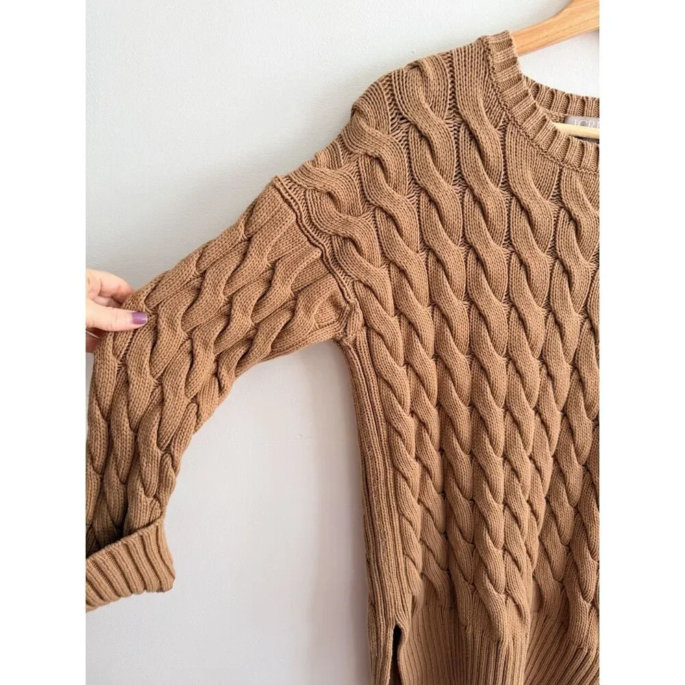J.Crew Re-Imagined Cable Knit Sweater S-M Camel Brown Side Slit Cotton Blend